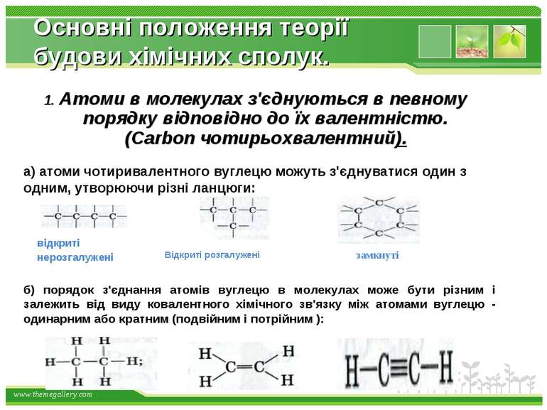Основні положення теорії будови хімічних сполук. 1. Атоми в молекулах з'єдную...