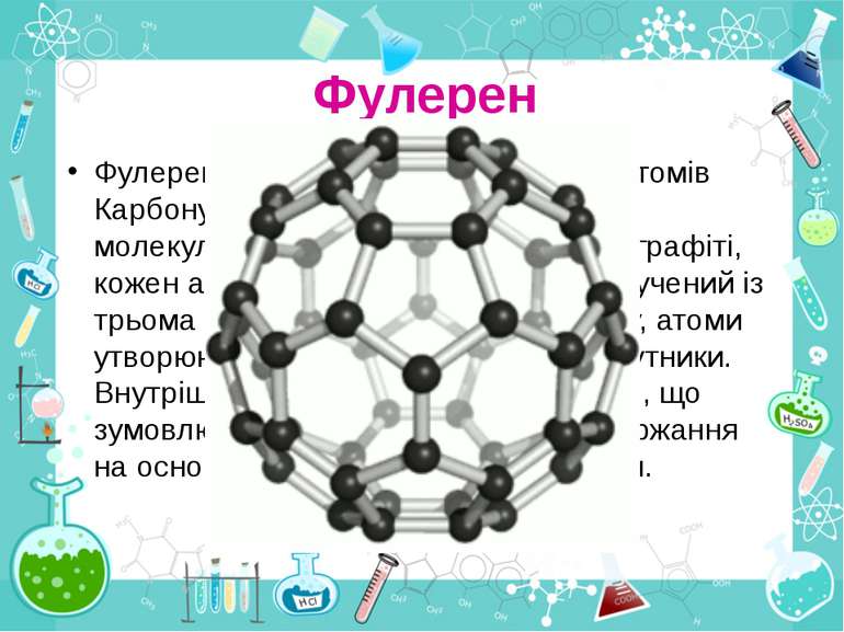 Фулерен Фулерен — специфічна структура із атомів Карбону, відкрита в середині...