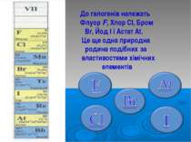 До галогенів належать Флуор F, Хлор СІ, Бром Вr, Йод І і Астат At. Це ще одна...