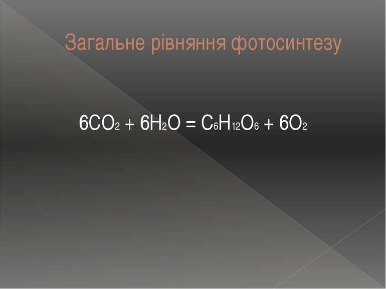 Загальне рівняння фотосинтезу 6CO2 + 6H2O = C6H12O6 + 6O2