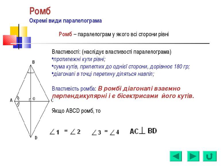 Ромб Окремі види паралелограма Ромб – паралелограм у якого всі сторони рівні ...