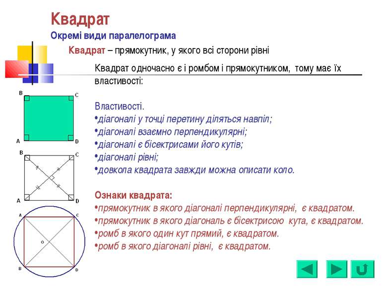 Квадрат Окремі види паралелограма Квадрат – прямокутник, у якого всі сторони ...