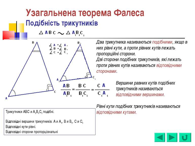 Узагальнена теорема Фалеса Подібність трикутників Два трикутника називаються ...