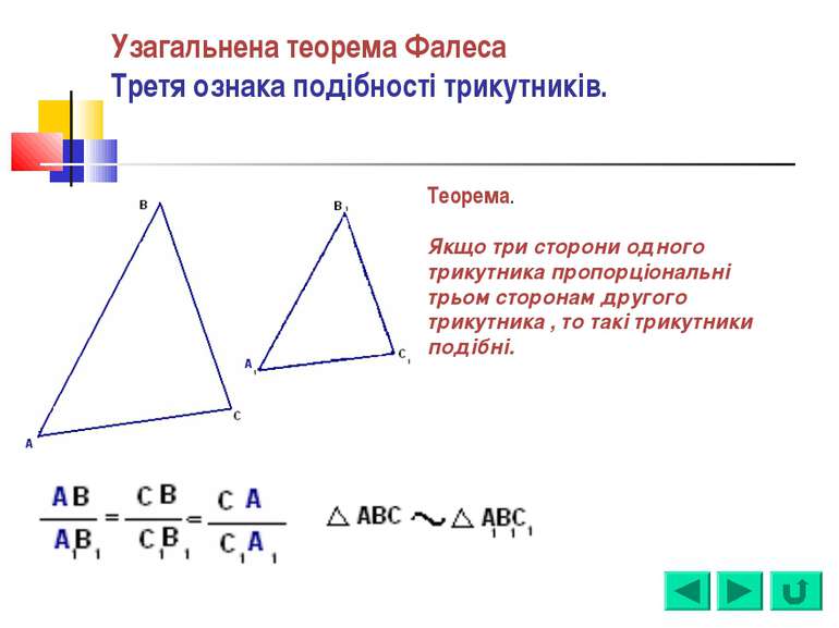 Узагальнена теорема Фалеса Третя ознака подібності трикутників. Теорема. Якщо...