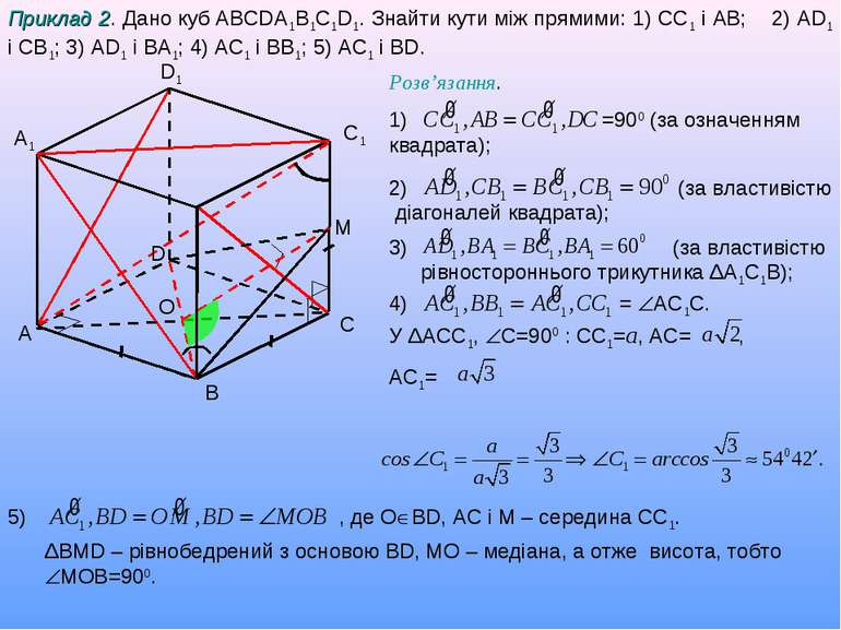 A B C D1 A1 C1 Приклад 2. Дано куб ABCDA1B1C1D1. Знайти кути між прямими: 1) ...