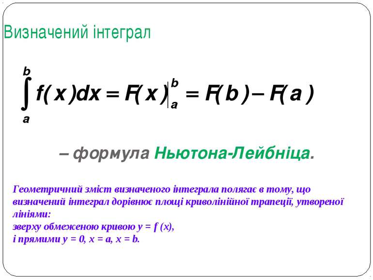 Визначений інтеграл – формула Ньютона-Лейбніца. Геометричний зміст визначеног...