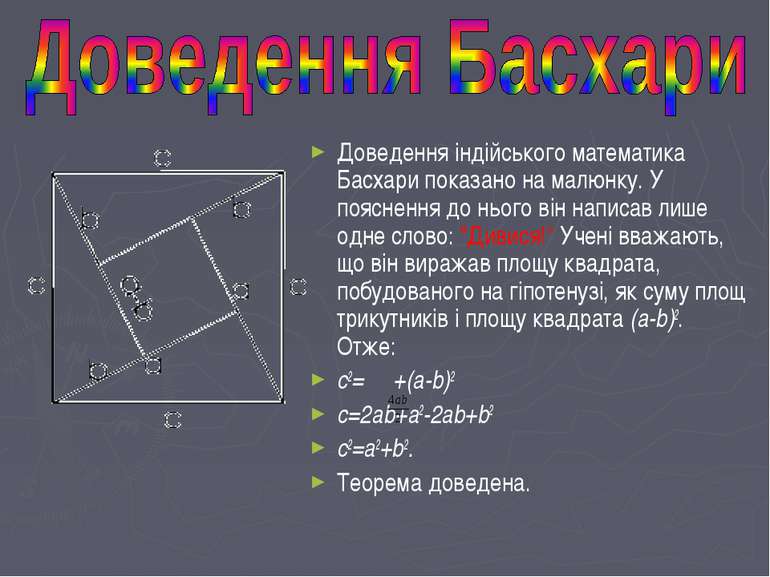 Доведення індійського математика Басхари показано на малюнку. У пояснення до ...