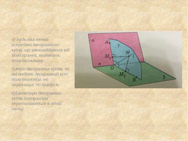 4) Будь-яка точка всередині двогранного кута, що рівновіддалена від його гран...