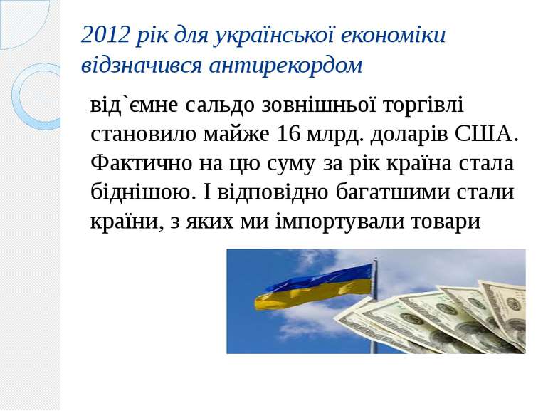 2012 рік для української економіки відзначився антирекордом від`ємне сальдо з...