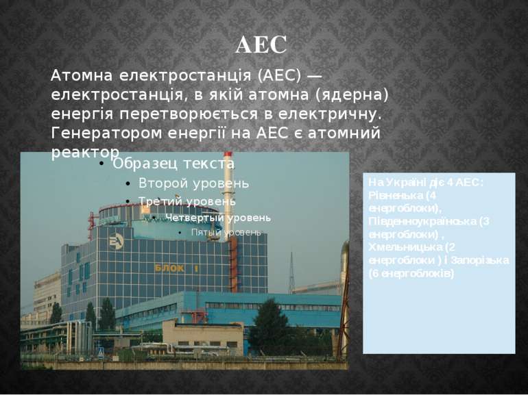 АЕС Атомна електростанція (АЕС) — електростанція, в якій атомна (ядерна) енер...