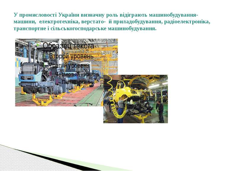 У промисловості України визначну роль відіграють машинобудування-машини, елек...
