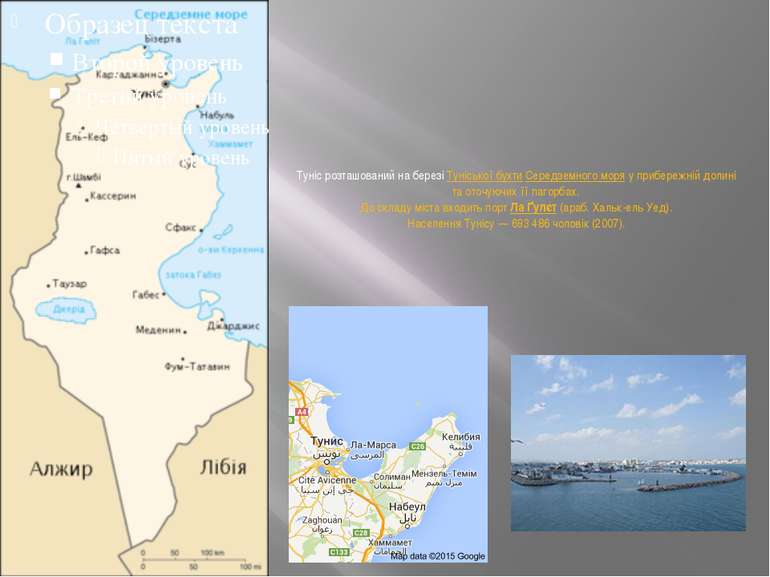 Туніс розташований на березі Туніської бухти Середземного моря у прибережній ...