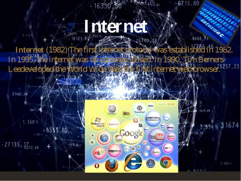  Internet (1982) The first internet protocol was established in 1982. In 1995...