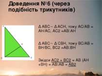 Доведення №6 (через подібність трикутників) ∆ ABC ∆ ACH, тому АС/АВ = АН/АС, ...