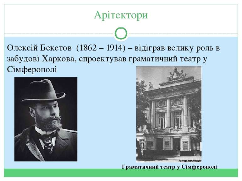 Арітектори Олексій Бекетов (1862 – 1914) – відіграв велику роль в забудові Ха...