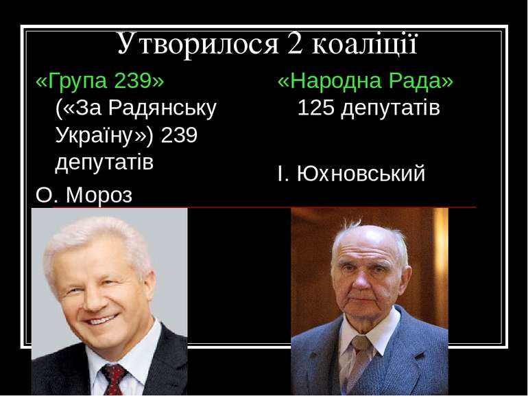 Утворилося 2 коаліції «Група 239» («За Радянську Україну») 239 депутатів О. М...