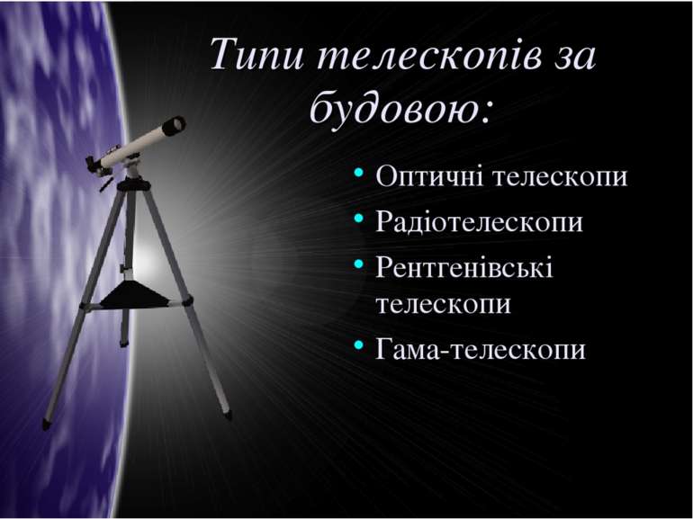 Типи телескопів за будовою: Оптичні телескопи Радіотелескопи Рентгенівські те...