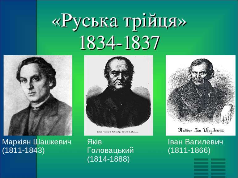 «Руська трійця» 1834-1837 Маркіян Шашкевич (1811-1843) Яків Головацький (1814...