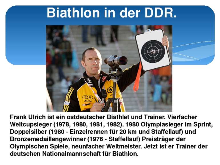 Biathlon in der DDR. Frank Ulrich ist ein ostdeutscher Biathlet und Trainer. ...