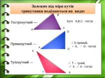 Залежно від міри кутів трикутники поділяються на види: Прямокутний — Тупокутн...