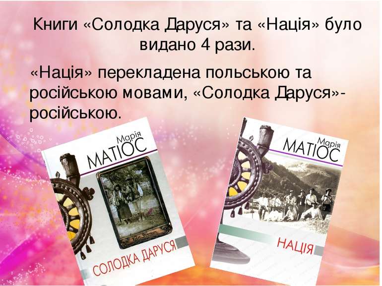 Книги «Солодка Даруся» та «Нація» було видано 4 рази. «Нація» перекладена пол...