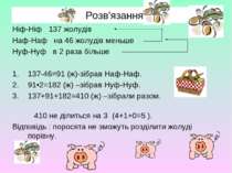 Розв'язання. Ніф-Ніф 137 жолудів Наф-Наф на 46 жолудів меньше Нуф-Нуф в 2 раз...