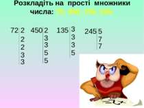 Розкладіть на прості множники числа: 72, 450, 135, 245. 72 2 2 2 3 3 2 3 3 5 ...