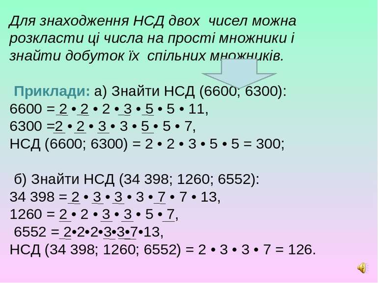 Для знаходження НСД двох чисел можна розкласти ці числа на прості множники і ...