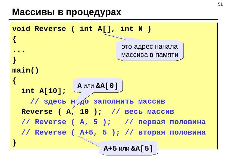* Массивы в процедурах void Reverse ( int A[], int N ) { ... } main() { int A...