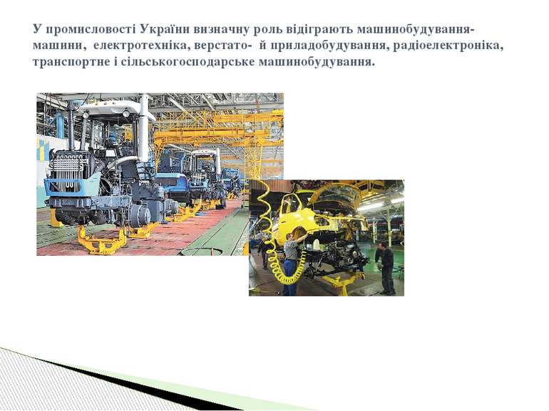 У промисловості України визначну роль відіграють машинобудування-машини, елек...