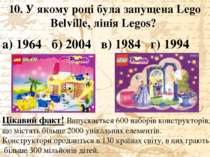 10. У якому році була запущена Lego Belville, лінія Legos? а) 1964 б) 2004 в)...