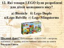 12. Які товари LEGO були розроблені для дітей молодшого віку? а) Bionicle б) ...