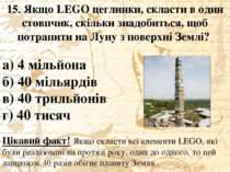 15. Якщо LEGO цеглинки, скласти в один стовпчик, скільки знадобиться, щоб пот...