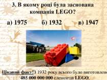3. В якому році була заснована компанія LEGO? а) 1975 б) 1932 в) 1947 Цікавий...