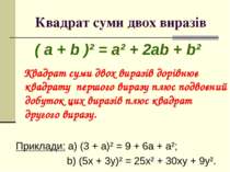 Квадрат суми двох виразів ( a + b )² = a² + 2ab + b² Квадрат суми двох виразі...