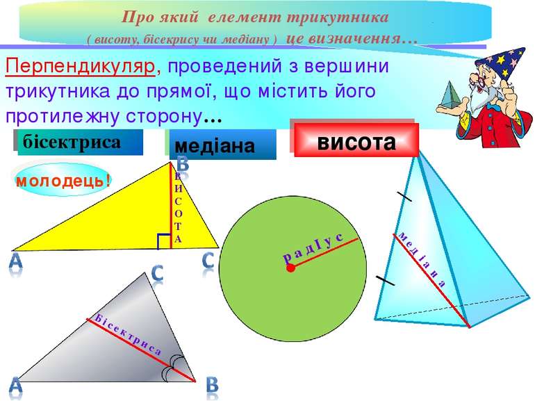 В И С О Т А медіана бісектриса молодець! м е д і а н а Б і с е к т р и с а Пе...