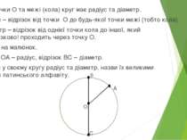 Окрім точки О та межі (кола) круг має радіус та діаметр. Радіус – відрізок ві...