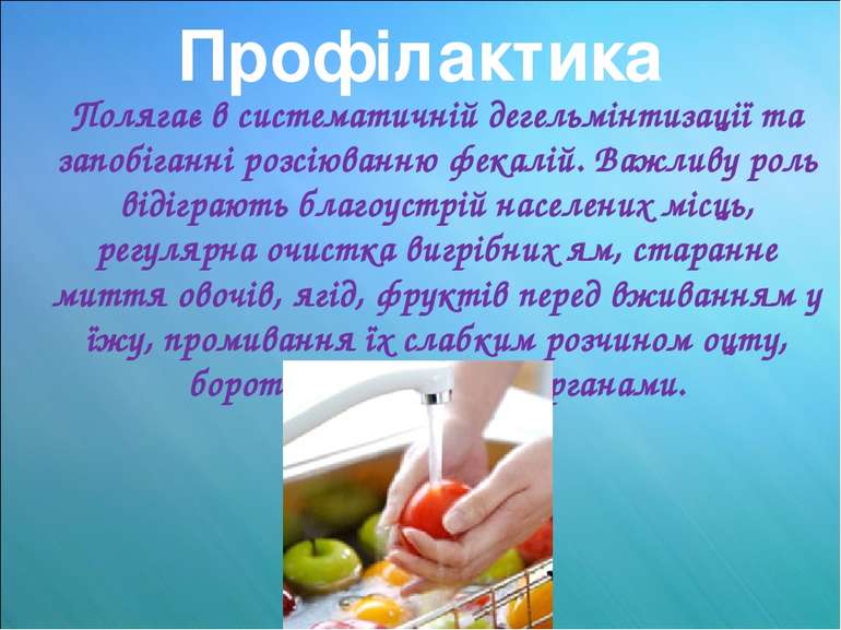 Профілактика Полягає в систематичній дегельмінтизації та запобіганні розсіюва...