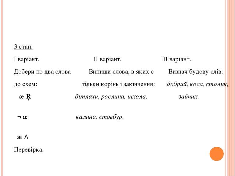 3 етап. І варіант. ІІ варіант. ІІІ варіант. Добери по два слова Випиши слова,...