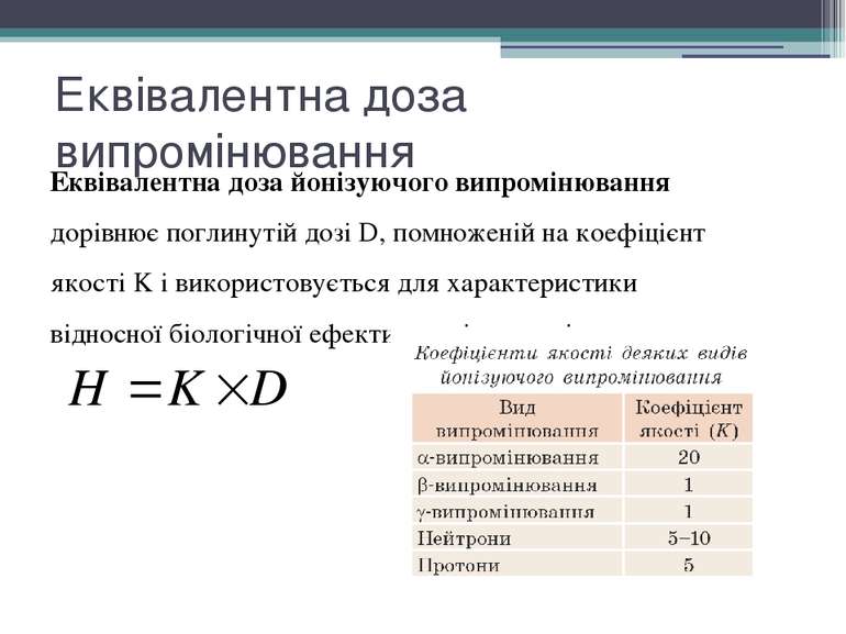 Еквівалентна доза випромінювання Еквівалентна доза йонізуючого випромінювання...