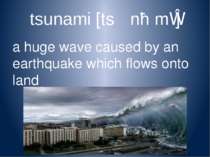 tsunami [tsʊˈnɑːmɪ] a huge wave caused by an earthquake which flows onto land