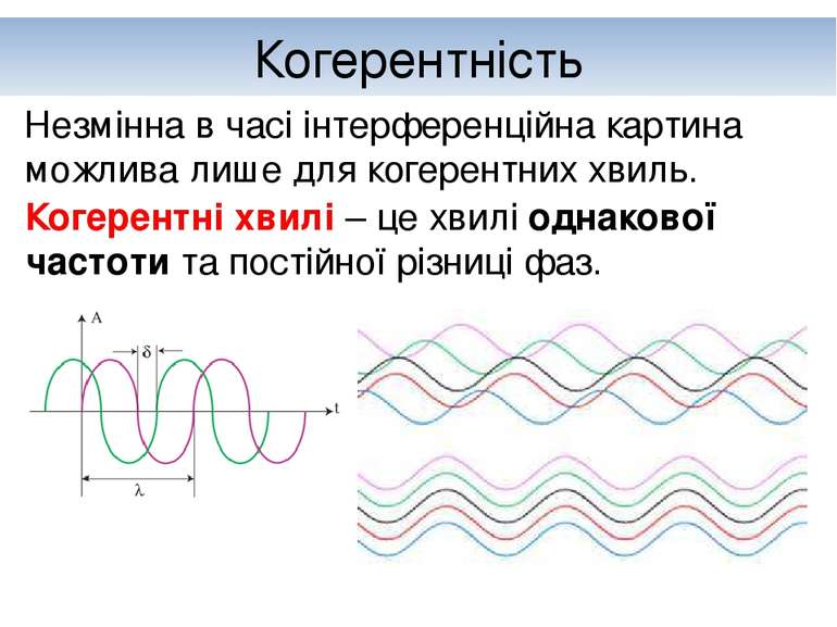 Когерентність Когерентні хвилі – це хвилі однакової частоти та постійної різн...