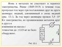 Рис. 13.1 Ионы в металлах не участвуют в переносе электричества. Рикке (1845 ...