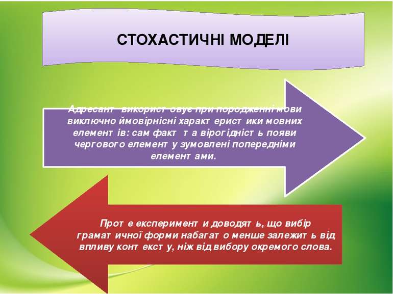 СТОХАСТИЧНІ МОДЕЛІ Адресант використовує при породженні мови виключно ймовірн...