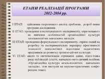 ЕТАПИ РЕАЛІЗАЦІЇ ПРОГРАМИ 2012-2014 рр. І ЕТАП: здійснення теоретичного аналі...