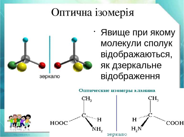 Оптична ізомерія Явище при якому молекули сполук відображаються, як дзеркальн...