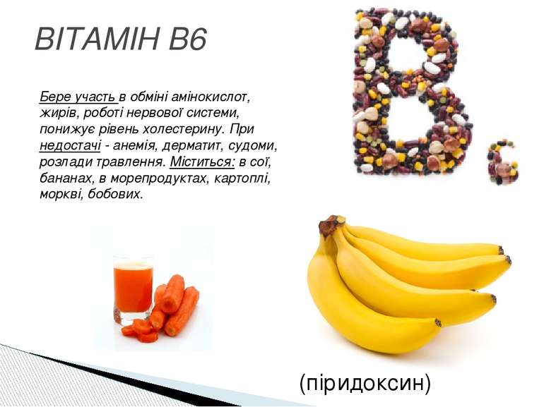 ВІТАМІН B6 Бере участь в обміні амінокислот, жирів, роботі нервової системи, ...