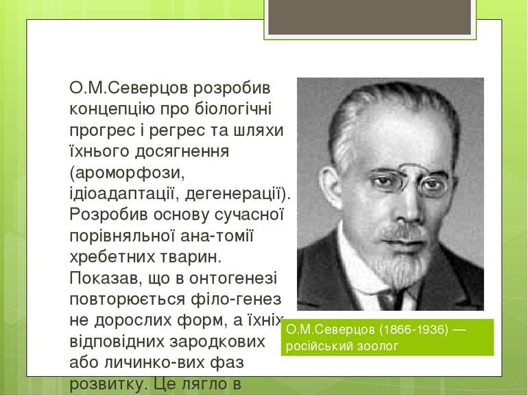 О.М.Северцов розробив концепцію про біологічні прогрес і регрес та шляхи їхнь...