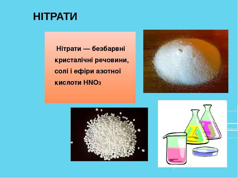 НІТРАТИ Нітрати — безбарвні кристалічні речовини, солі і ефіри азотної кислот...