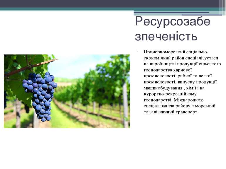 Ресурсозабезпеченість Причорноморський соціально-економічний район спеціалізу...